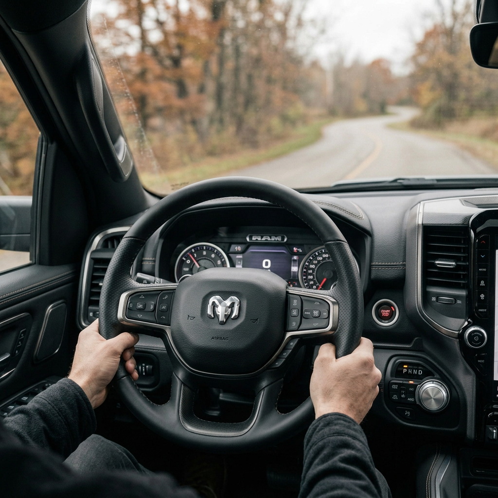 First-person view of a driver's hands on the steering wheel of a Ram truck navigating a winding rural road in fall. (Representative image for illustration purposes only. Actual vehicle may vary based on trim and configuration.)