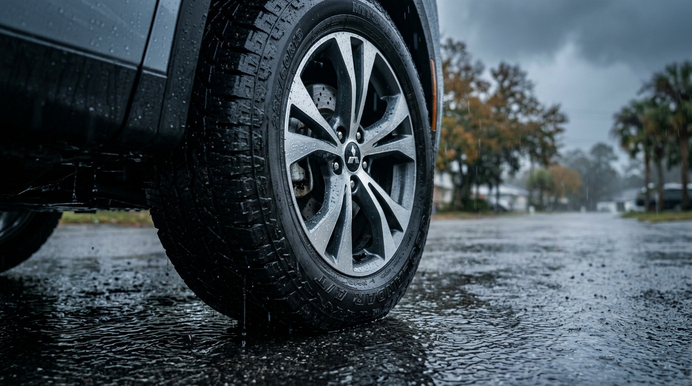 Close-up of a Mitsubishi car tire on a wet asphalt street during rain. (Representative image for illustration purposes only. Actual vehicle may vary based on trim and configuration.)