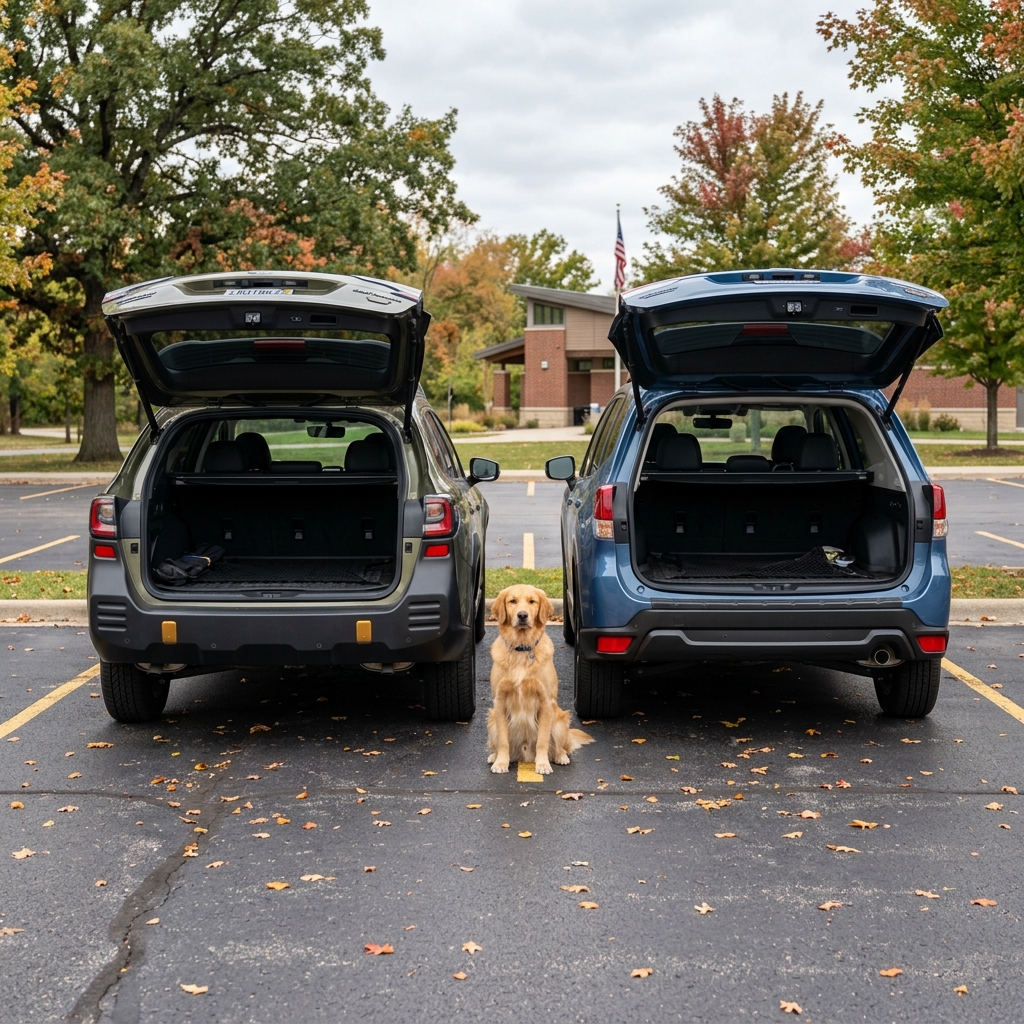 A golden retriever sits on the pavement centered between a green SUV and a blue SUV with open trunks in a parking lot. (Representative image for illustration purposes only. Actual vehicle may vary based on trim and configuration.)