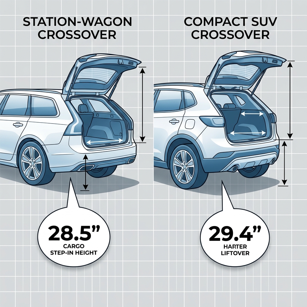 Diagram comparing cargo liftover heights of a station wagon crossover (28.5 inches) and a compact SUV (29.4 inches). (Representative image for illustration purposes only. Actual vehicle may vary based on trim and configuration.)
