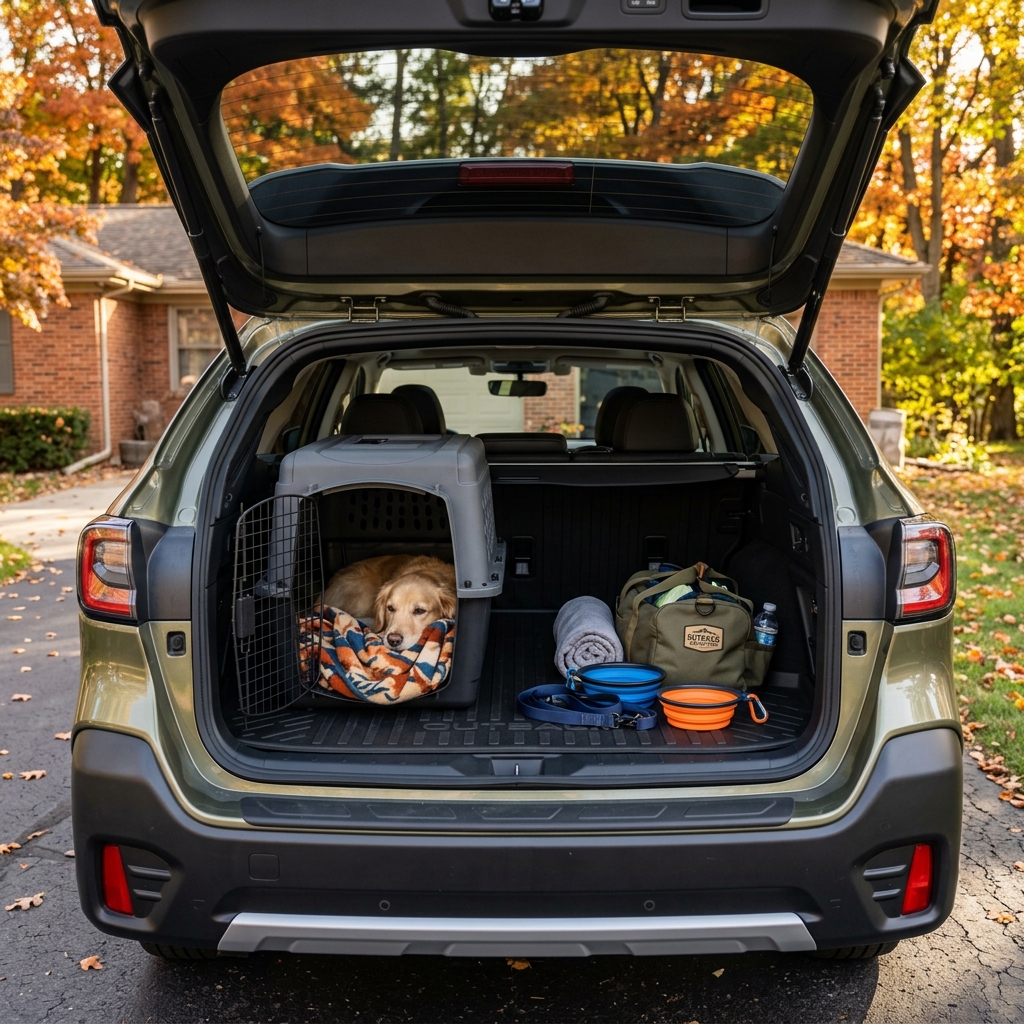 A golden retriever relaxes inside a crate in the open trunk of a Subaru SUV packed with dog travel gear. (Representative image for illustration purposes only. Actual vehicle may vary based on trim and configuration.)