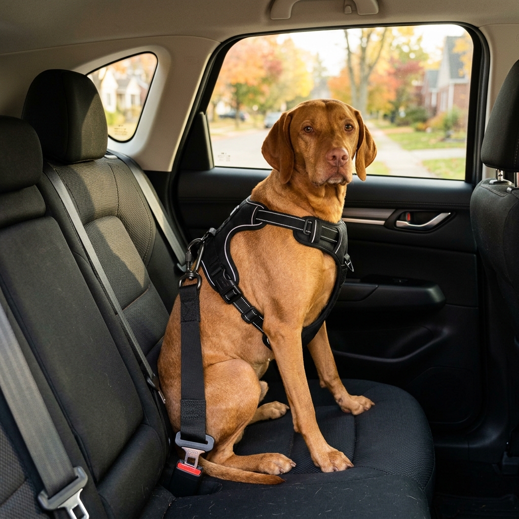 A brown dog sitting securely in a car's back seat while wearing a black safety harness attached to a seatbelt. (Representative image for illustration purposes only. Actual vehicle may vary based on trim and configuration.)