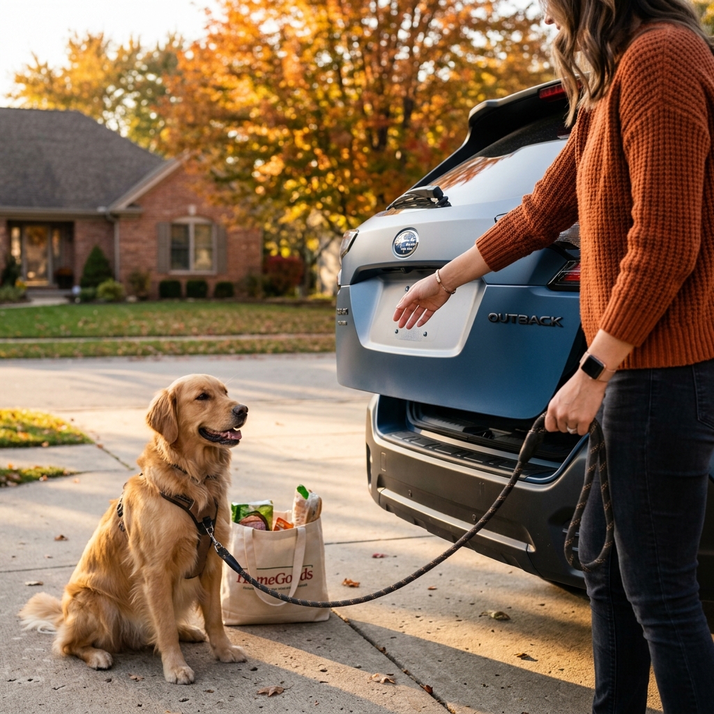 A woman opens the tailgate of a blue Subaru Outback while holding her Golden Retriever's leash on a fall afternoon. (Representative image for illustration purposes only. Actual vehicle may vary based on trim and configuration.)