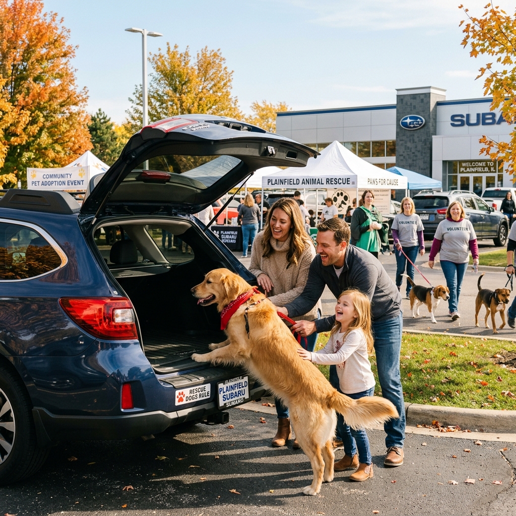 A family helps a golden retriever climb into the trunk of a blue Subaru SUV at an outdoor pet adoption event. (Representative image for illustration purposes only. Actual vehicle may vary based on trim and configuration.)