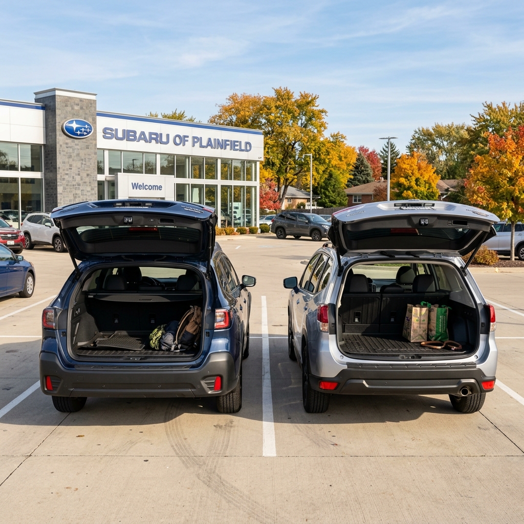 Rear view of a blue and a silver Subaru SUV parked at a dealership with trunks open, showing cargo space. (Representative image for illustration purposes only. Actual vehicle may vary based on trim and configuration.)