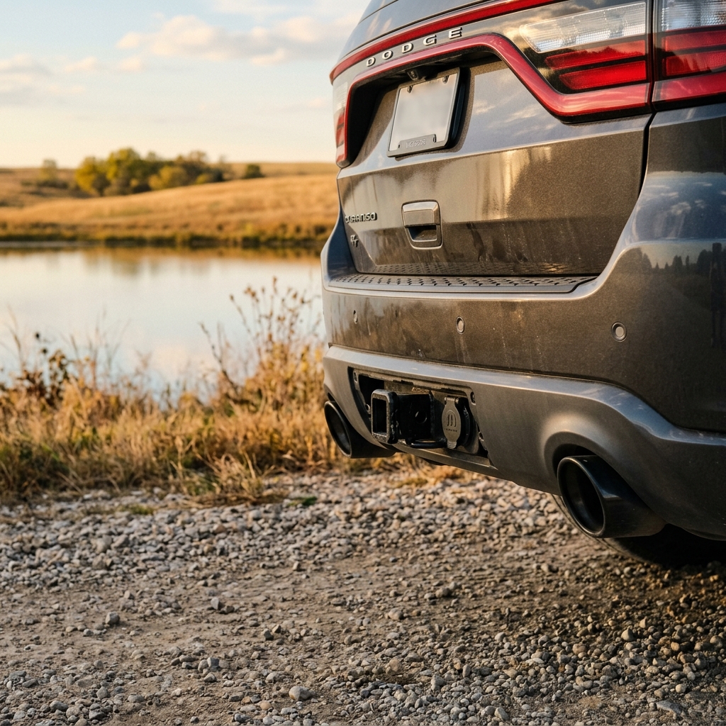 Rear of a dark grey Dodge Durango parked near a calm lake on a gravel path. (Representative image for illustration purposes only. Actual vehicle may vary based on trim and configuration.)
