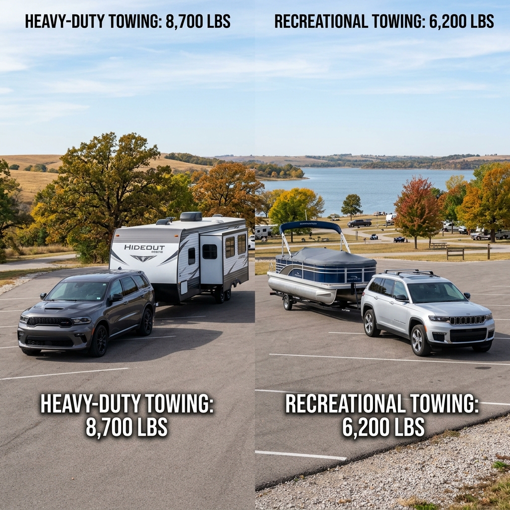 Side-by-side comparison showing an SUV towing an 8,700 lb camper trailer next to an SUV towing a 6,200 lb pontoon boat. (Representative image for illustration purposes only. Actual vehicle may vary based on trim and configuration.)