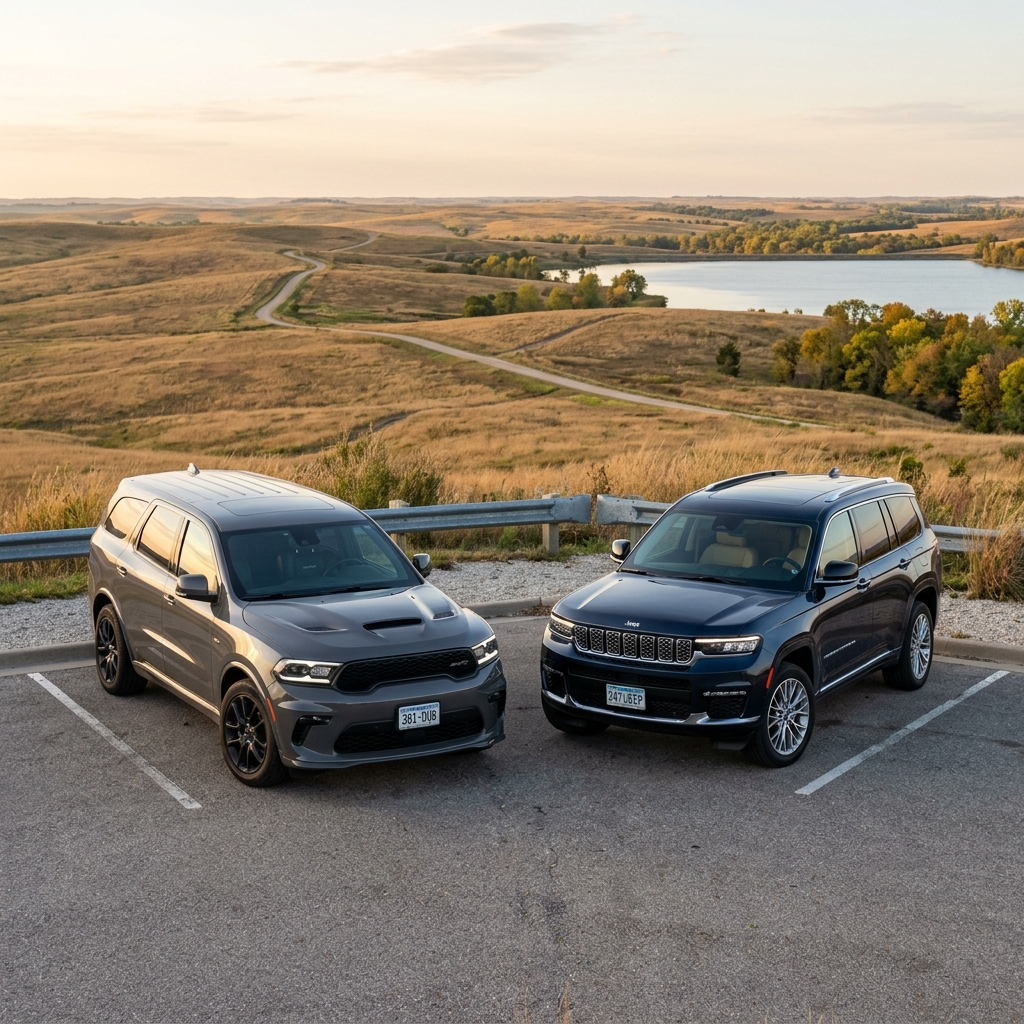 Grey Dodge Durango and dark blue Jeep Grand Cherokee parked side by side at a scenic overlook. (Representative image for illustration purposes only. Actual vehicle may vary based on trim and configuration.)
