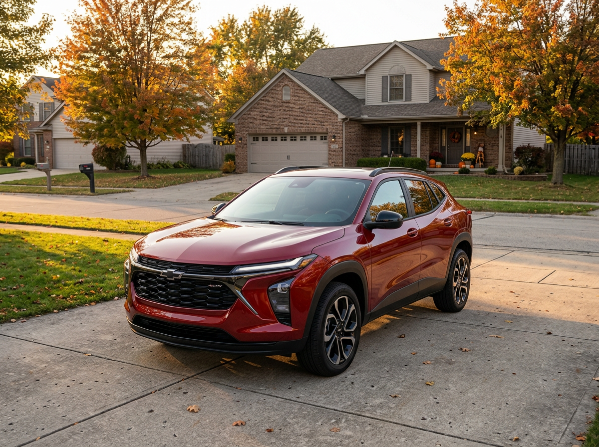 Red Chevrolet crossover SUV parked on a suburban driveway during autumn with colorful trees in the background. (Representative image for illustration purposes only. Actual vehicle may vary based on trim and configuration.)