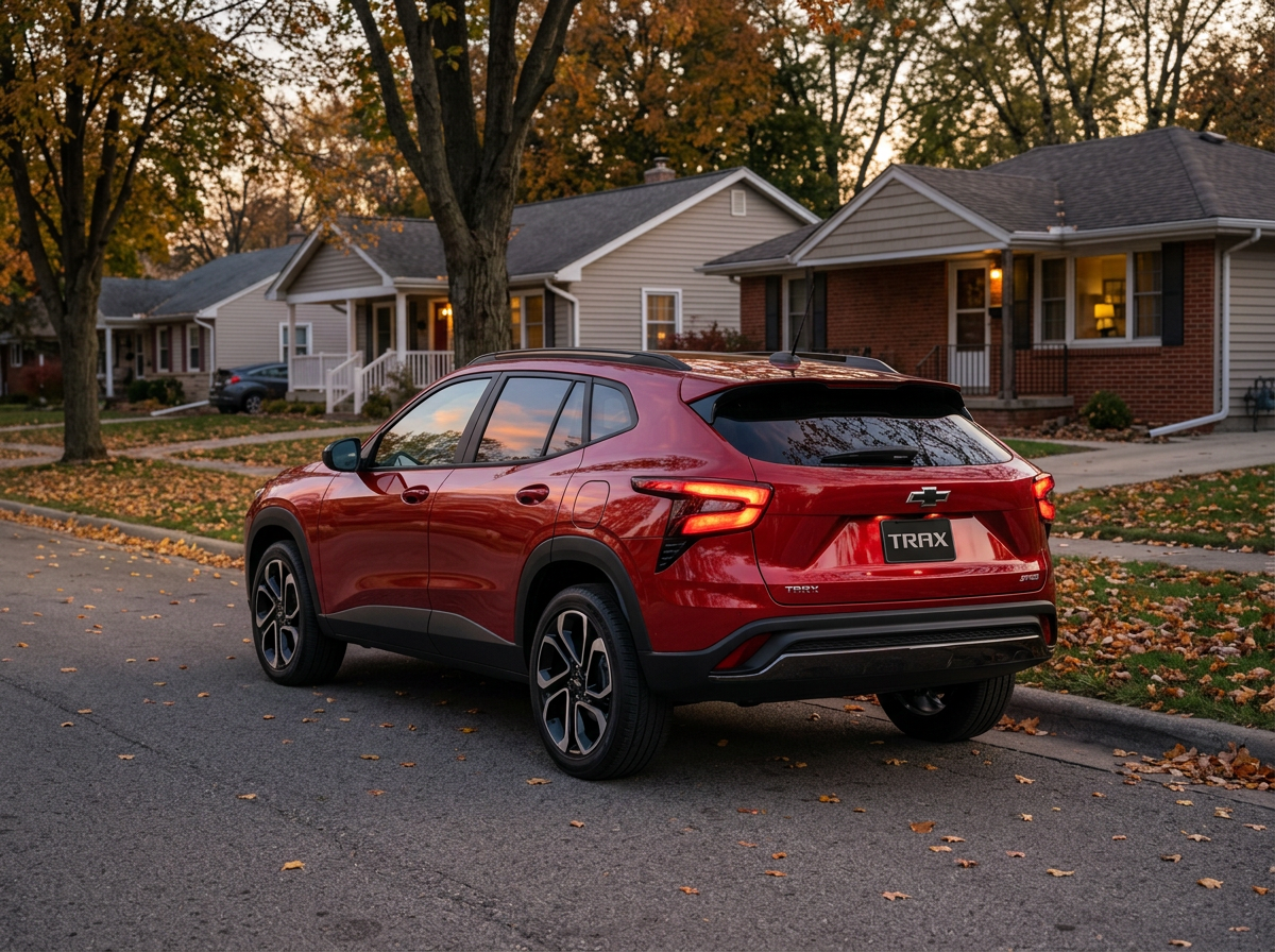 Rear view of a red Chevrolet Trax SUV parked on a suburban street surrounded by autumn trees. (Representative image for illustration purposes only. Actual vehicle may vary based on trim and configuration.)