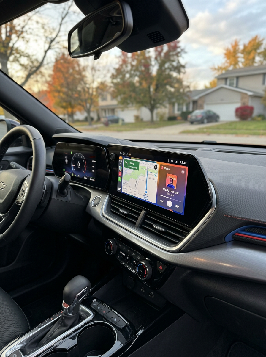 Interior view of a modern Chevrolet car dashboard featuring a digital display with navigation and media controls. (Representative image for illustration purposes only. Actual vehicle may vary based on trim and configuration.)