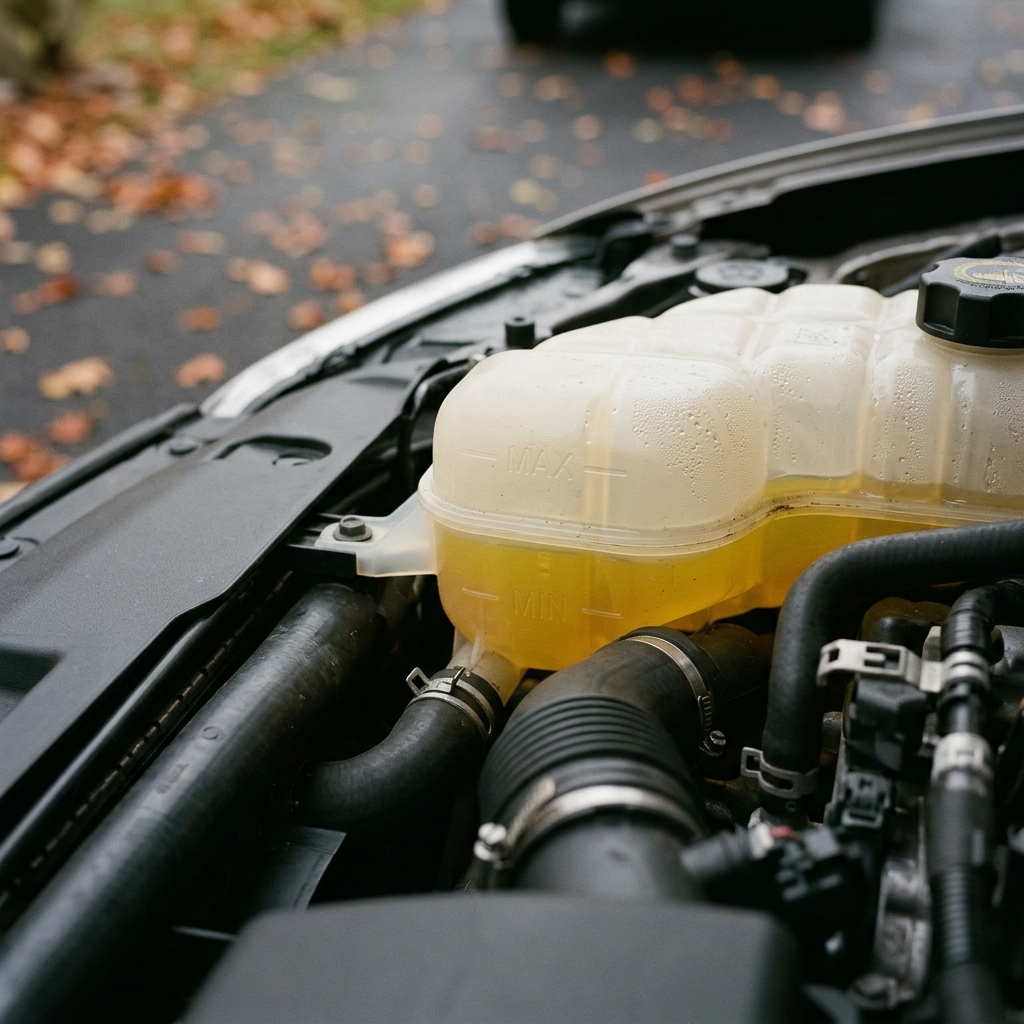 Translucent yellow coolant reservoir under an open car hood with visible MAX and MIN level lines. (Representative image for illustration purposes only. Actual vehicle may vary based on trim and configuration.)