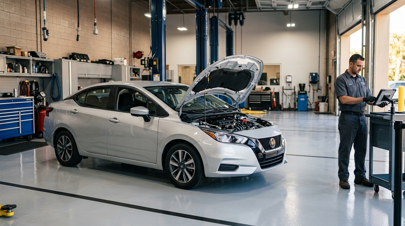 Auto mechanic using a diagnostic tablet while servicing a silver car with an open hood inside a garage bay. (Representative image for illustration purposes only. Actual vehicle may vary based on trim and configuration.)