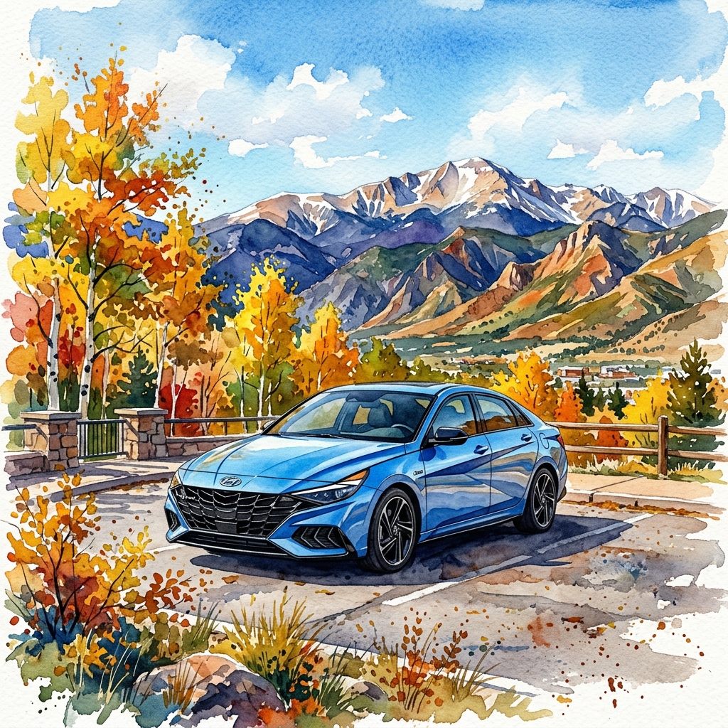 A watercolor painting of a blue sedan parked at a scenic overlook surrounded by autumn foliage and snow-capped mountains. (Representative image for illustration purposes only. Actual vehicle may vary based on trim and configuration.)