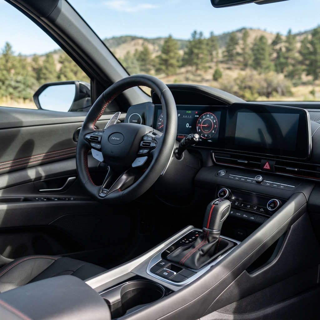 Modern car interior featuring a leather steering wheel with red stitching, digital displays, and a gear shift. (Representative image for illustration purposes only. Actual vehicle may vary based on trim and configuration.)