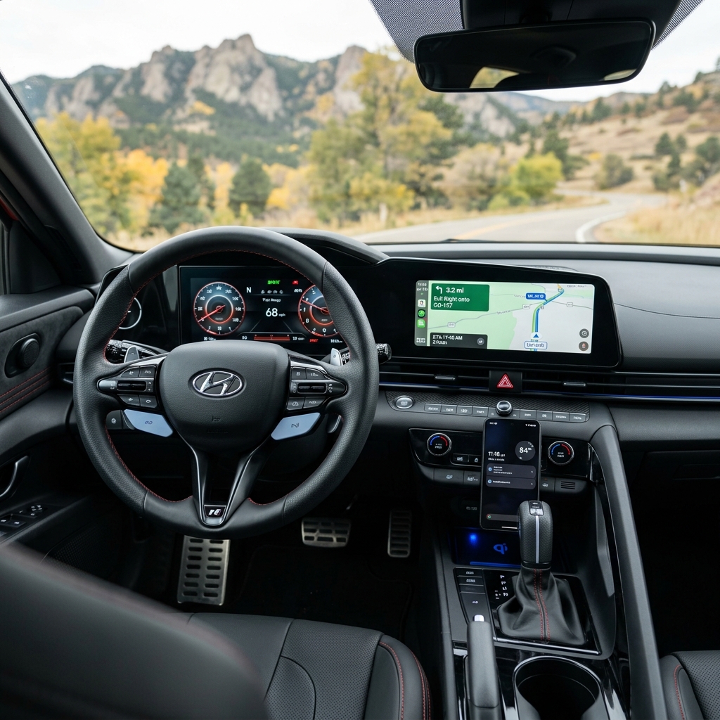 Driver's seat view of a Hyundai sports sedan driving on a winding mountain road during autumn. (Representative image for illustration purposes only. Actual vehicle may vary based on trim and configuration.)