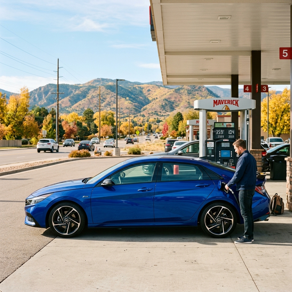 A man refueling a blue sedan at a Maverik gas station with scenic autumn mountains in the background. (Representative image for illustration purposes only. Actual vehicle may vary based on trim and configuration.)