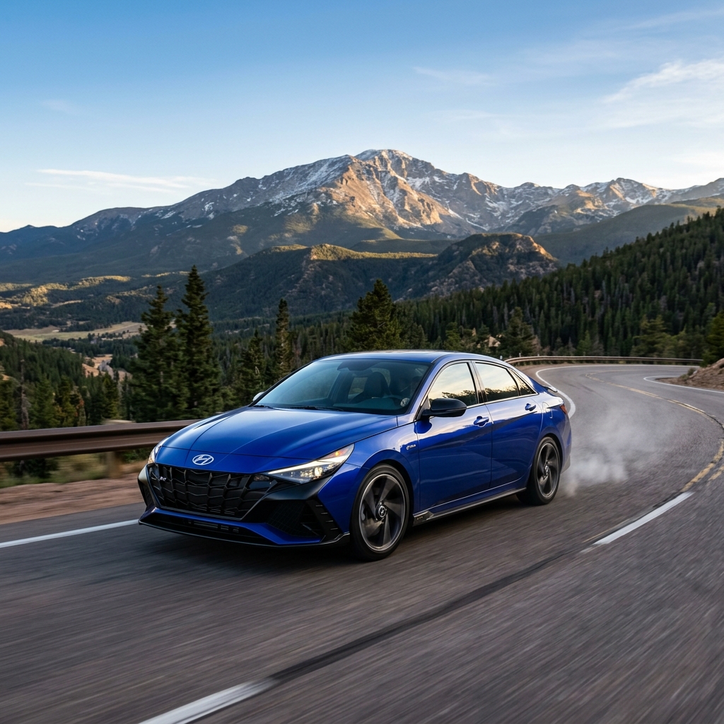 A blue Hyundai sports sedan speeding along a curved mountain road with tire smoke behind it against a scenic peak. (Representative image for illustration purposes only. Actual vehicle may vary based on trim and configuration.)