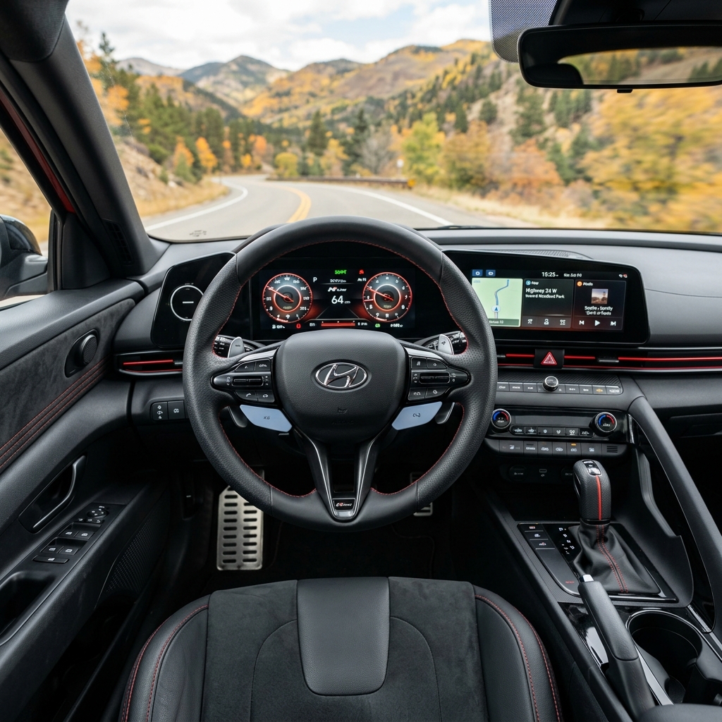 Driver's view from inside a Hyundai car looking out at a winding mountain road with yellow autumn trees. (Representative image for illustration purposes only. Actual vehicle may vary based on trim and configuration.)