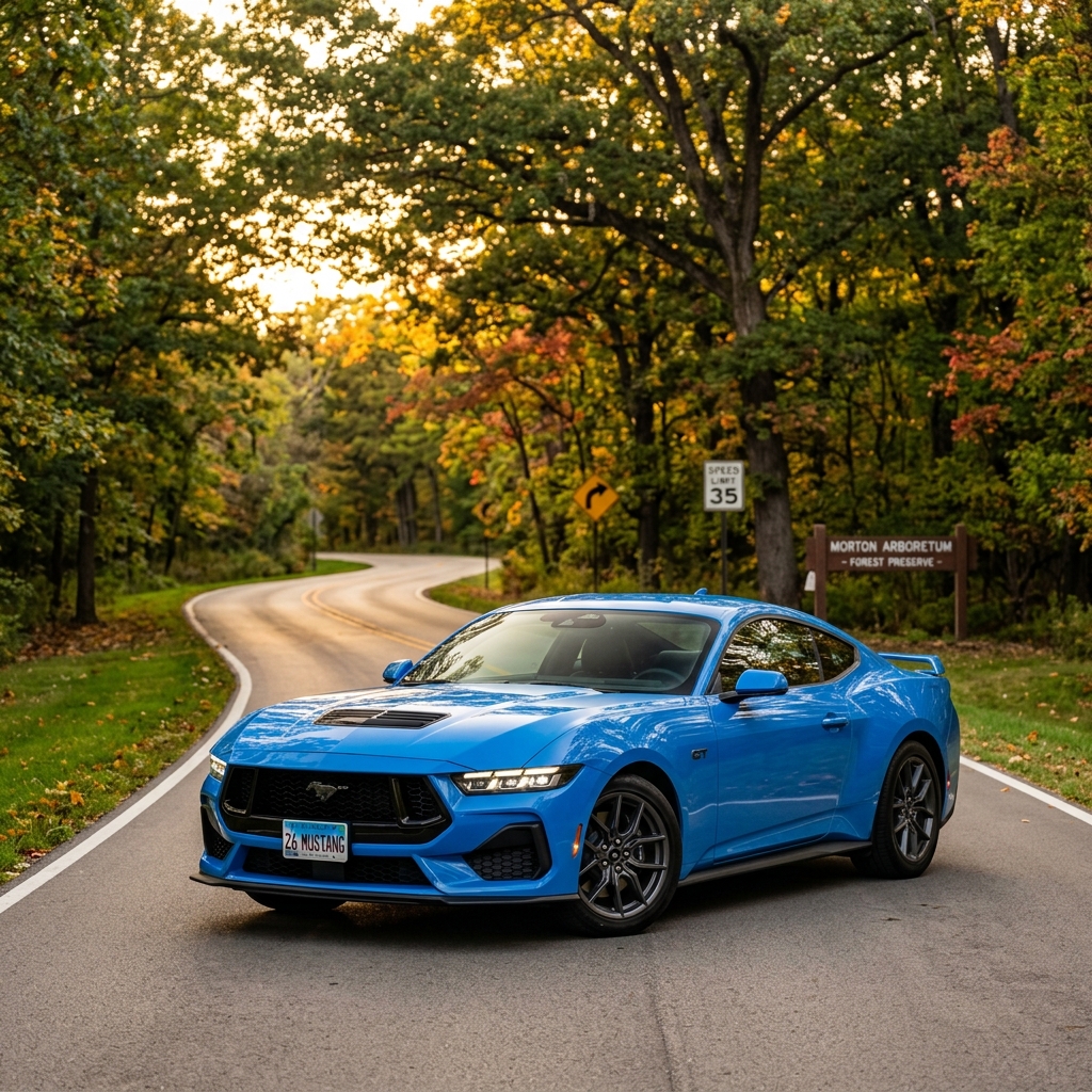 Blue Ford Mustang GT parked on a winding road surrounded by autumn trees at Morton Arboretum. (Representative image for illustration purposes only. Actual vehicle may vary based on trim and configuration.)
