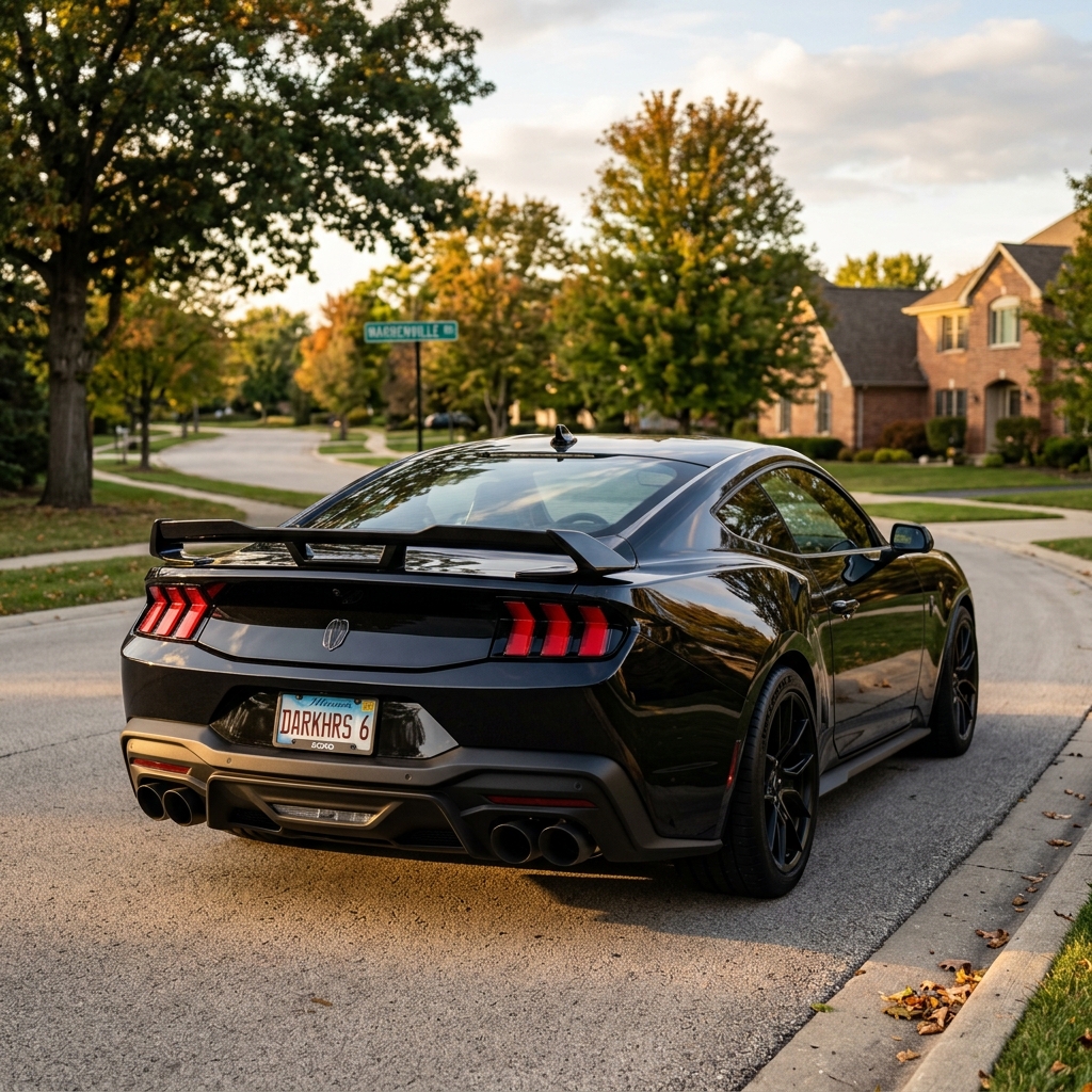 Rear view of a black Ford Mustang Dark Horse parked on a suburban street during autumn sunset. (Representative image for illustration purposes only. Actual vehicle may vary based on trim and configuration.)