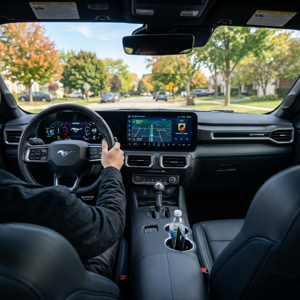 Driver's perspective inside a modern Ford Mustang driving down a suburban street with digital displays active. (Representative image for illustration purposes only. Actual vehicle may vary based on trim and configuration.)