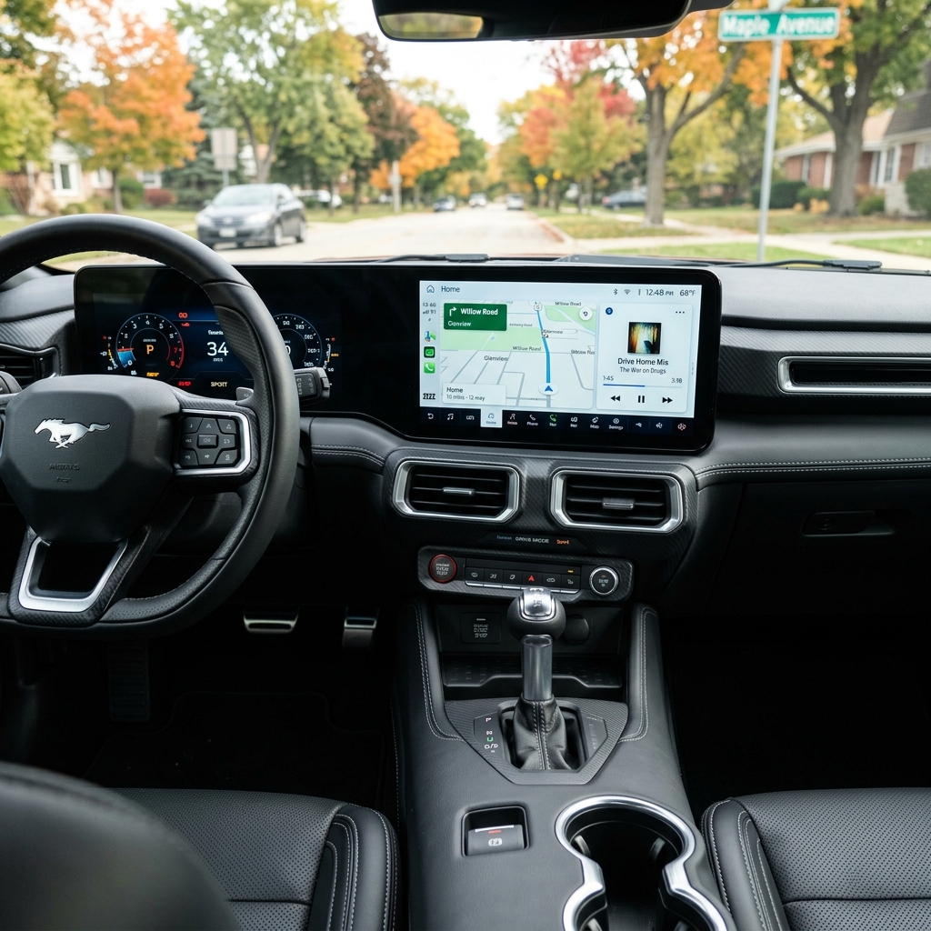 Interior view from the driver seat of a Ford Mustang with digital screens on a tree-lined residential street. (Representative image for illustration purposes only. Actual vehicle may vary based on trim and configuration.)