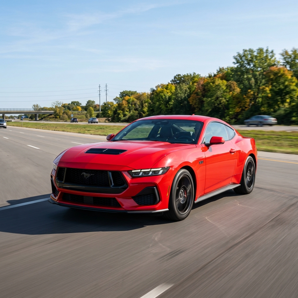 Red Ford Mustang GT sports car driving fast along an open highway in daylight. (Representative image for illustration purposes only. Actual vehicle may vary based on trim and configuration.)