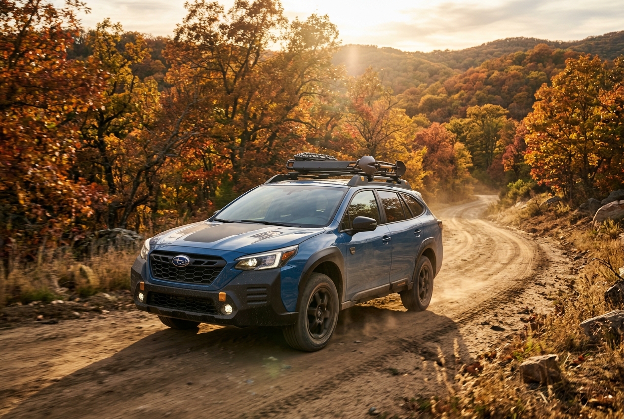 Blue Subaru Outback Wilderness driving on a dusty dirt road through a vibrant autumn forest. (Representative image for illustration purposes only. Actual vehicle may vary based on trim and configuration.)