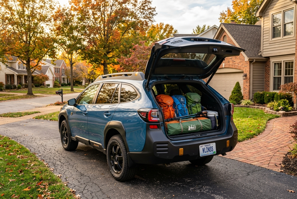 Blue SUV parked in a suburban driveway with its trunk open, fully loaded with backpacks and camping gear. (Representative image for illustration purposes only. Actual vehicle may vary based on trim and configuration.)