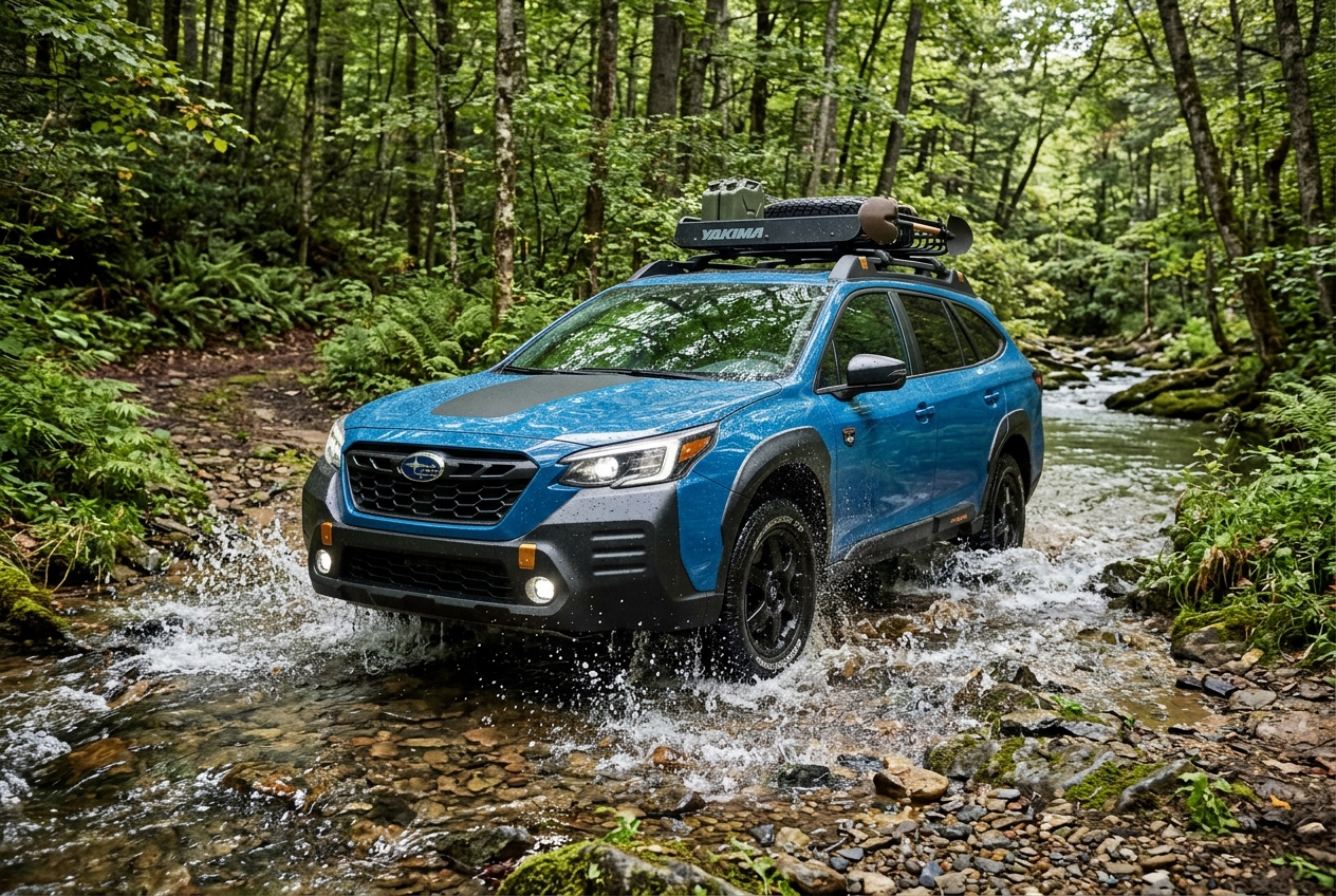 Blue Subaru Outback Wilderness with roof rack gear driving through a splashing rocky forest stream. (Representative image for illustration purposes only. Actual vehicle may vary based on trim and configuration.)
