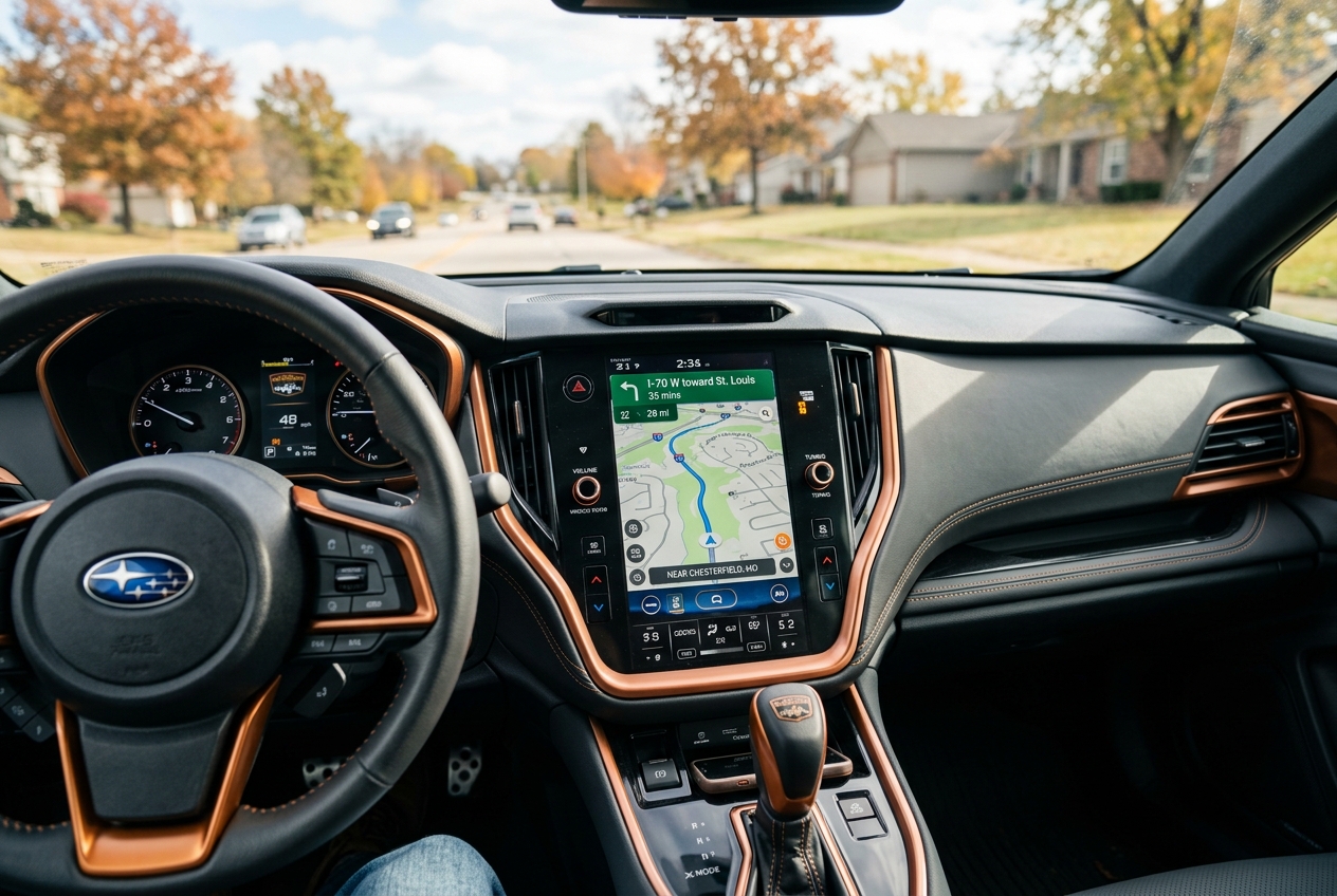 Driver seat view of a Subaru vehicle dashboard with copper trim, touchscreen navigation screen, and steering wheel. (Representative image for illustration purposes only. Actual vehicle may vary based on trim and configuration.)