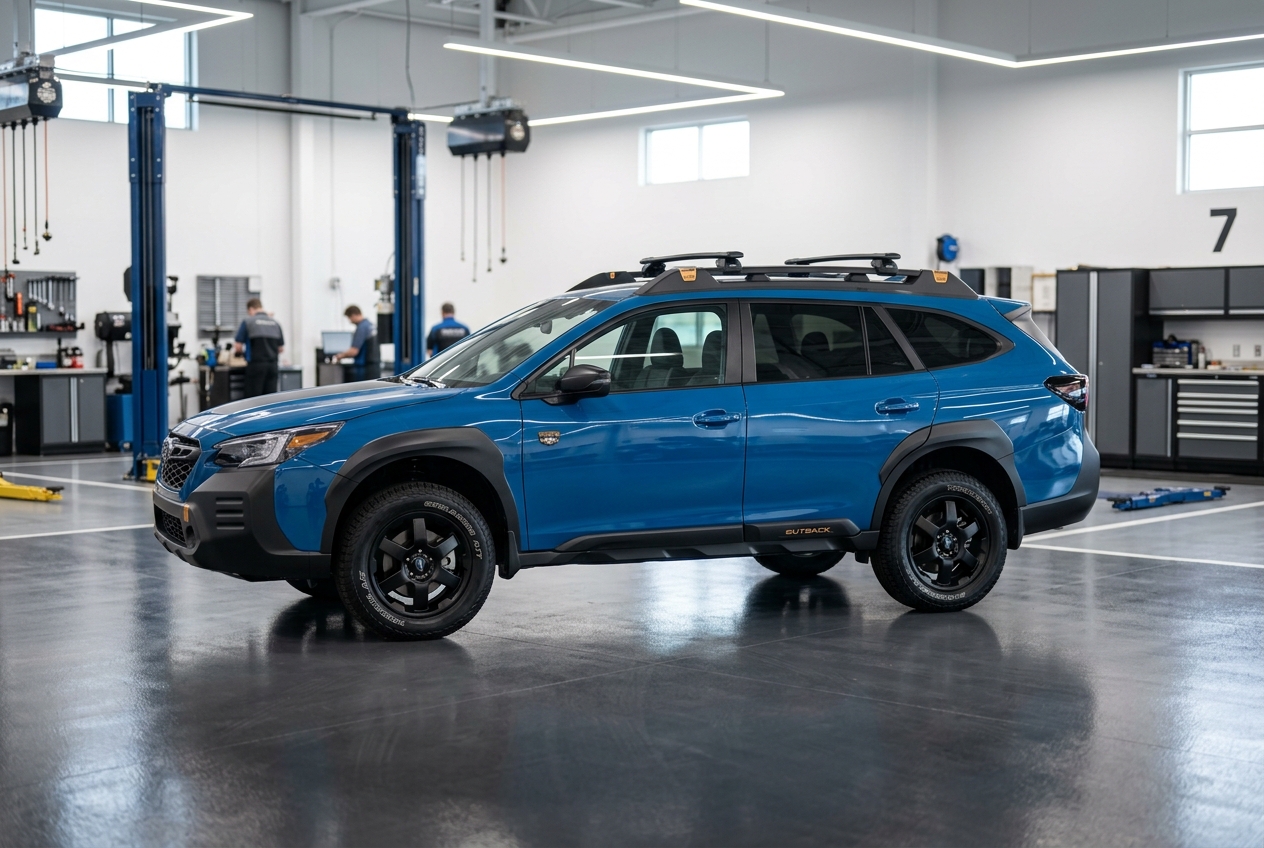 Blue Subaru Outback Wilderness wagon parked inside a modern dealership service garage. (Representative image for illustration purposes only. Actual vehicle may vary based on trim and configuration.)