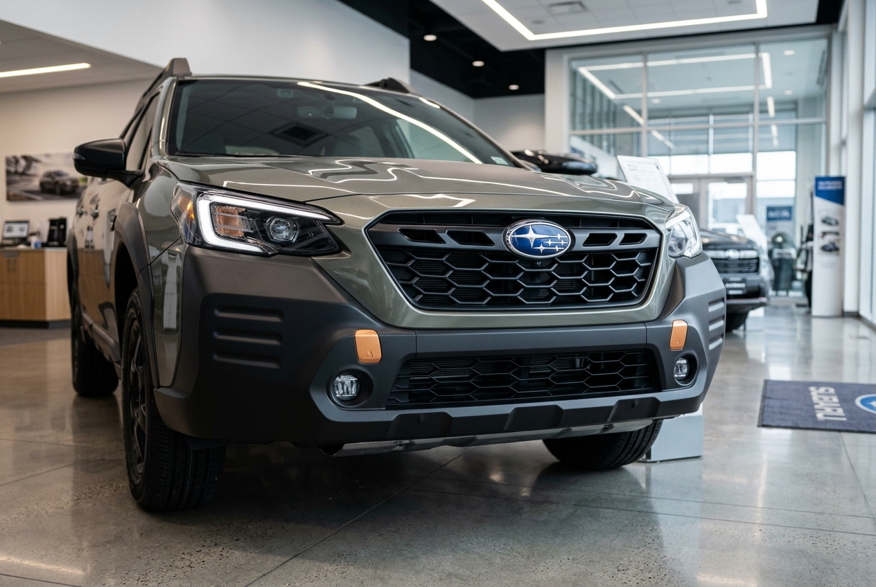 A green Subaru Outback Wilderness parked on a polished showroom floor inside a car dealership. (Representative image for illustration purposes only. Actual vehicle may vary based on trim and configuration.)