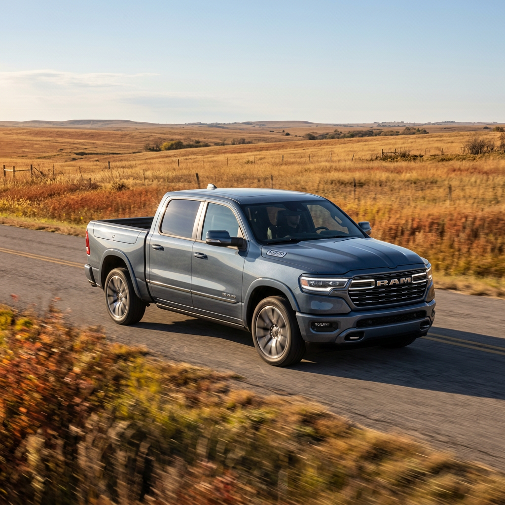 A slate blue Ram 1500 pickup truck driving down a paved two-lane road through rolling golden hills. (Representative image for illustration purposes only. Actual vehicle may vary based on trim and configuration.)