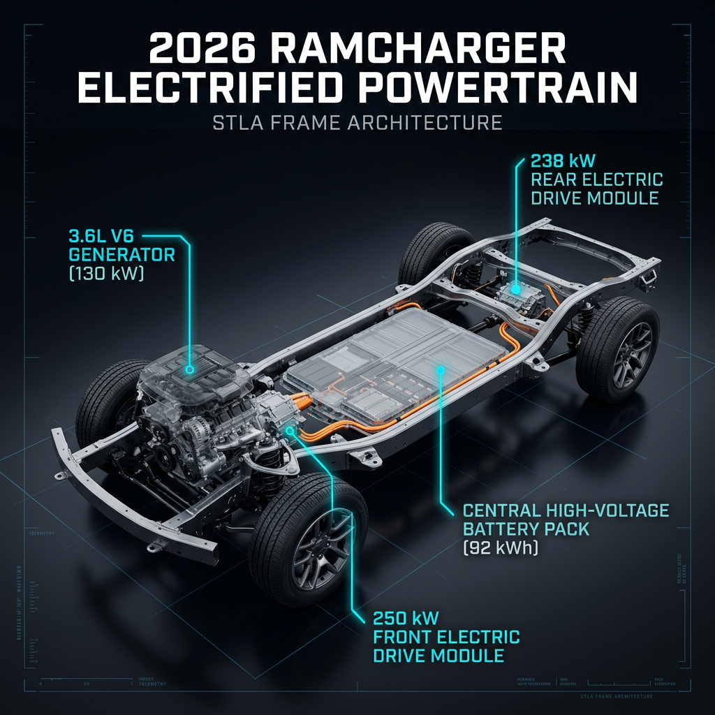 3D diagram showing the 2026 Ramcharger electrified powertrain and frame architecture components. (Representative image for illustration purposes only. Actual vehicle may vary based on trim and configuration.)