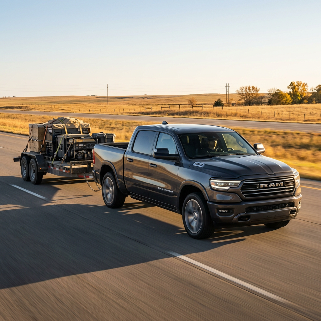 Dark gray Ram pickup truck driving on a rural highway while towing a loaded utility trailer at sunset. (Representative image for illustration purposes only. Actual vehicle may vary based on trim and configuration.)