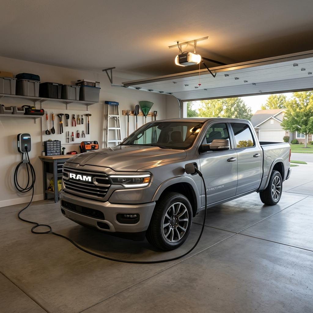 Silver electric Ram pickup truck plugged into a wall charger inside a clean, organized residential garage. (Representative image for illustration purposes only. Actual vehicle may vary based on trim and configuration.)