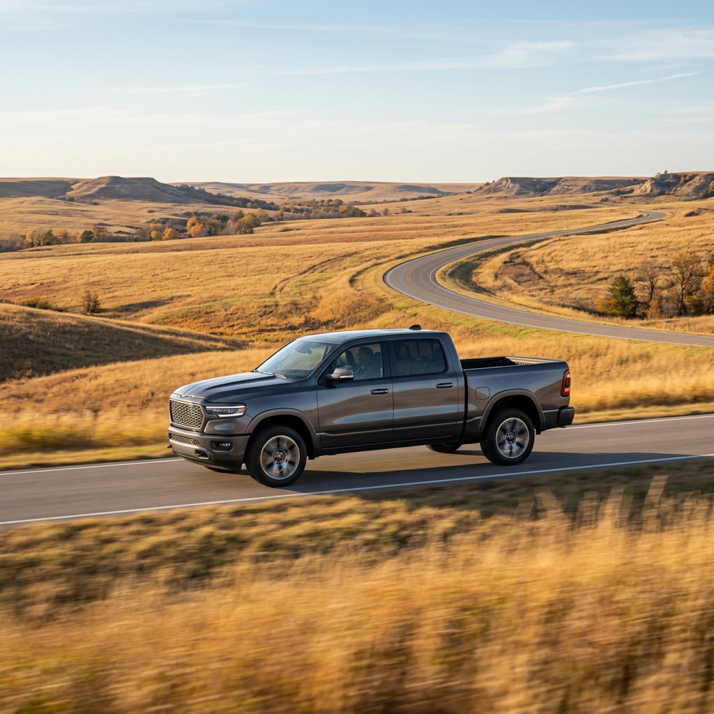 A dark grey pickup truck drives along a paved, winding road through golden, rolling hills under a bright sky. (Representative image for illustration purposes only. Actual vehicle may vary based on trim and configuration.)