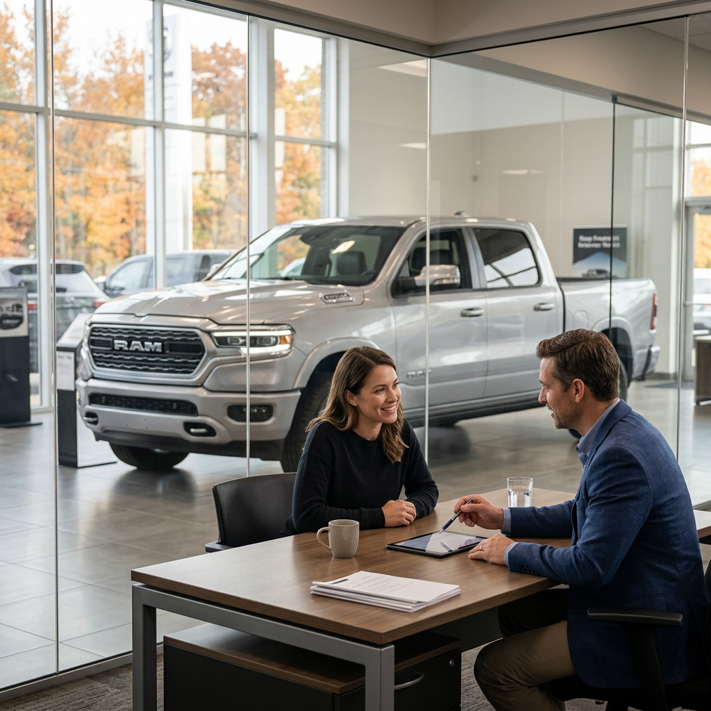 A woman sits across from a salesman at a desk in a car dealership with a silver RAM pickup truck in the background. (Representative image for illustration purposes only. Actual vehicle may vary based on trim and configuration.)