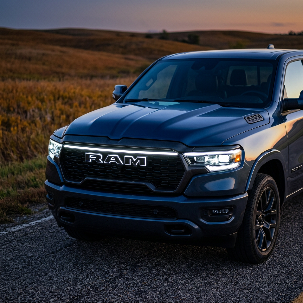 Front view of a dark blue RAM pickup truck parked on a road with illuminated headlights and grille logo. (Representative image for illustration purposes only. Actual vehicle may vary based on trim and configuration.)
