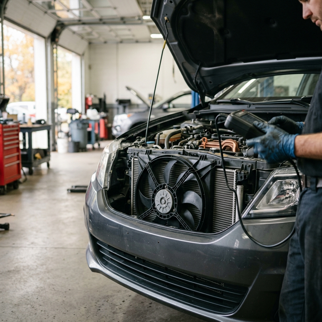 Mechanic using a diagnostic tool on an open engine bay of a gray car inside an auto repair shop. (Representative image for illustration purposes only. Actual vehicle may vary based on trim and configuration.)