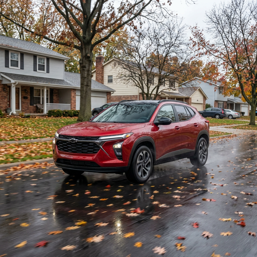 Red Chevrolet Trax driving along a wet suburban street covered in colorful autumn leaves. (Representative image for illustration purposes only. Actual vehicle may vary based on trim and configuration.)