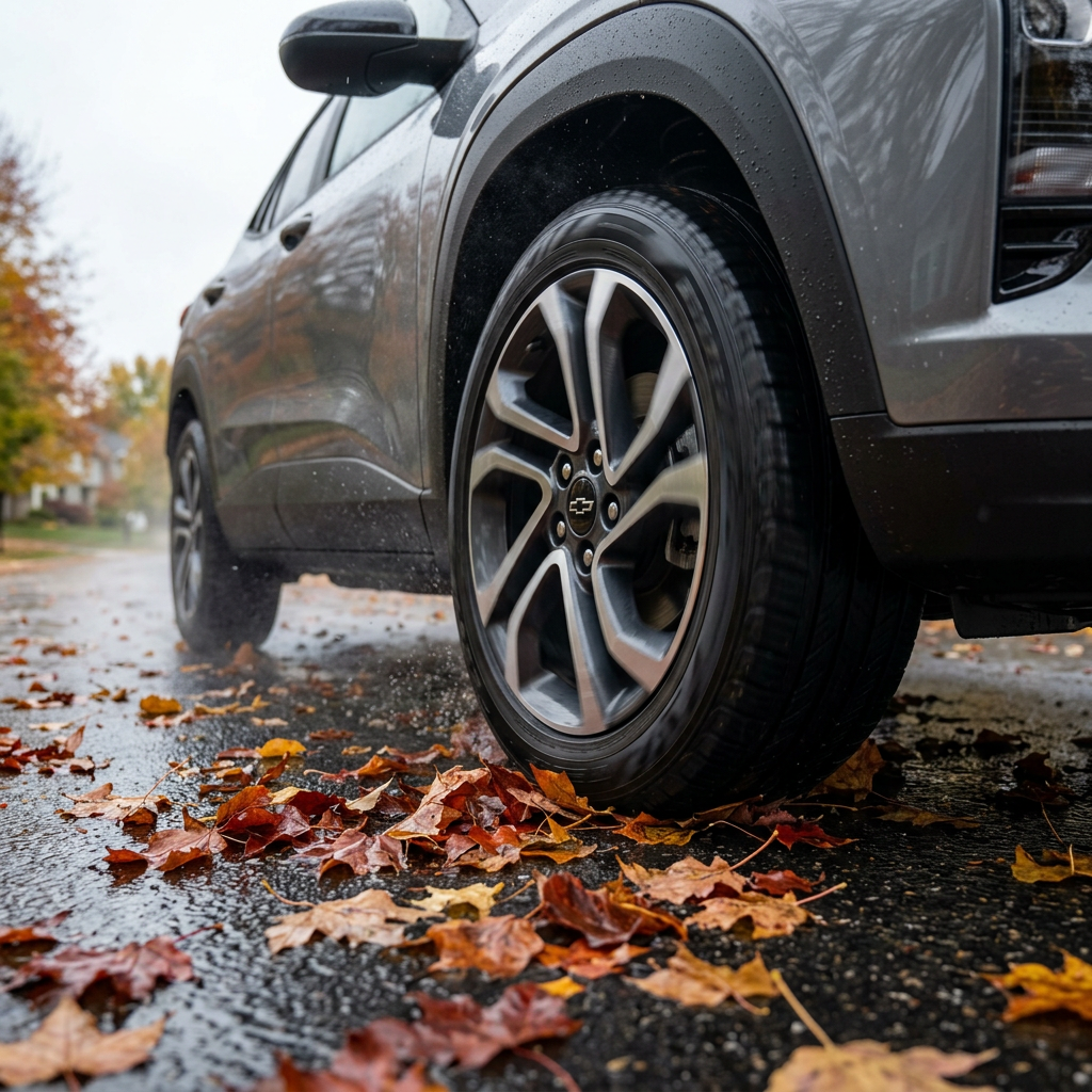 Close-up of a gray Chevrolet SUV tire driving on a wet road covered in colorful autumn leaves. (Representative image for illustration purposes only. Actual vehicle may vary based on trim and configuration.)