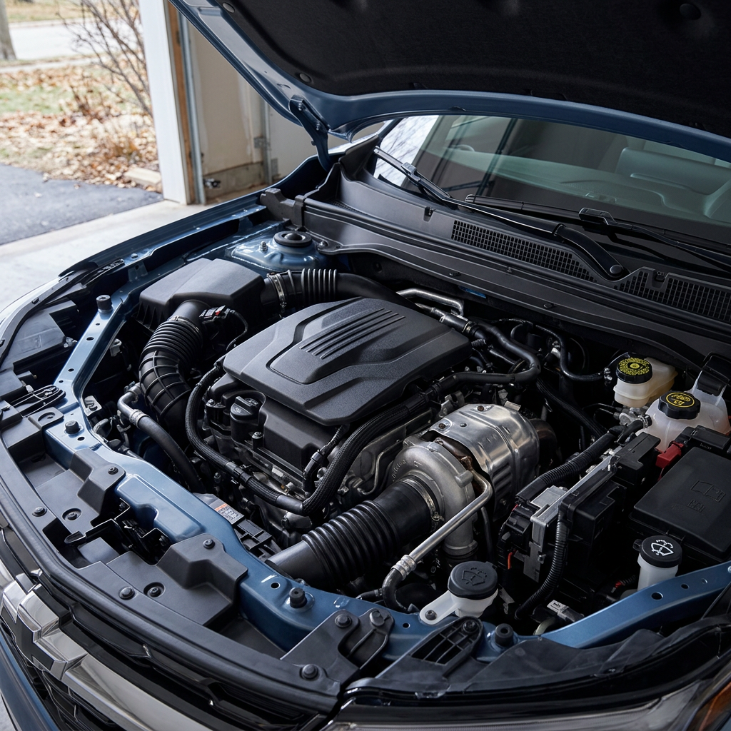 Open hood of a blue crossover vehicle displaying a clean modern engine bay. (Representative image for illustration purposes only. Actual vehicle may vary based on trim and configuration.)