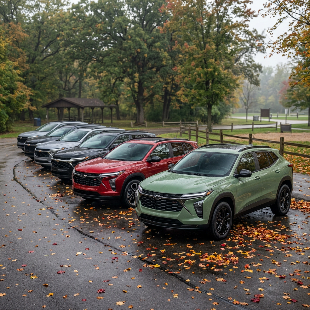Six colorful Chevrolet Trax SUVs parked diagonally on a wet asphalt road covered in autumn leaves. (Representative image for illustration purposes only. Actual vehicle may vary based on trim and configuration.)
