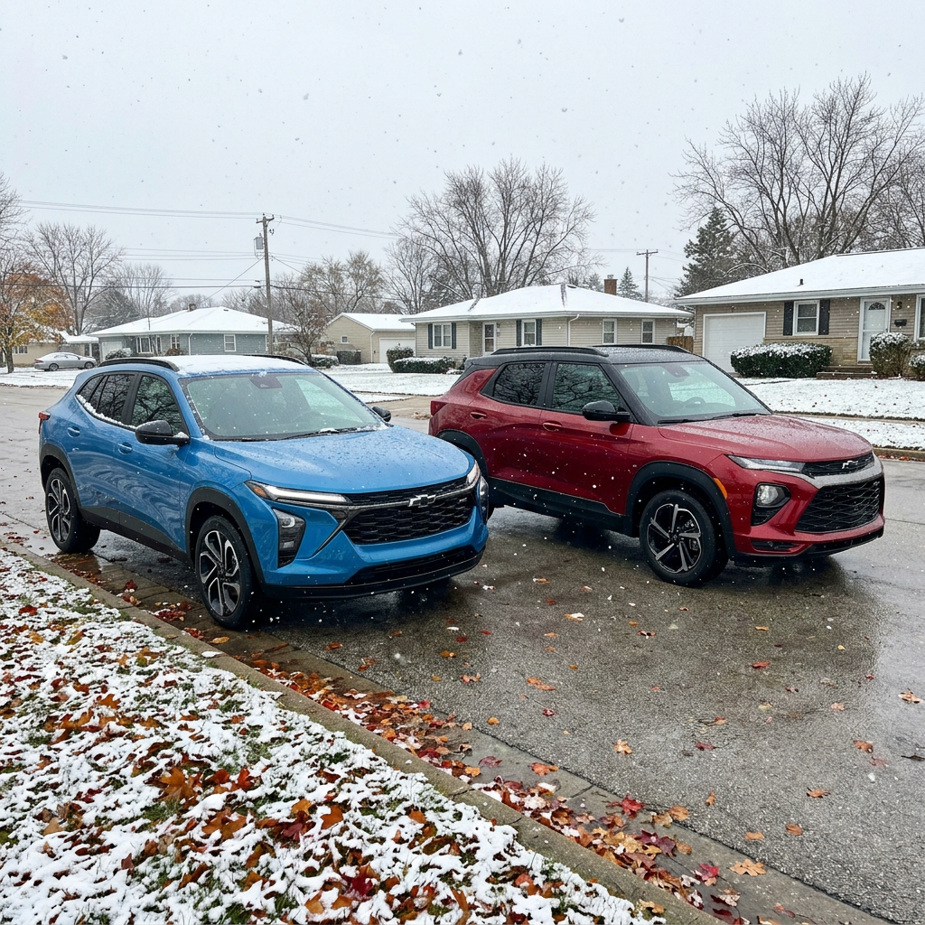 A blue Chevrolet Trax and a red Chevrolet Trailblazer parked on a wet residential street during light snow. (Representative image for illustration purposes only. Actual vehicle may vary based on trim and configuration.)