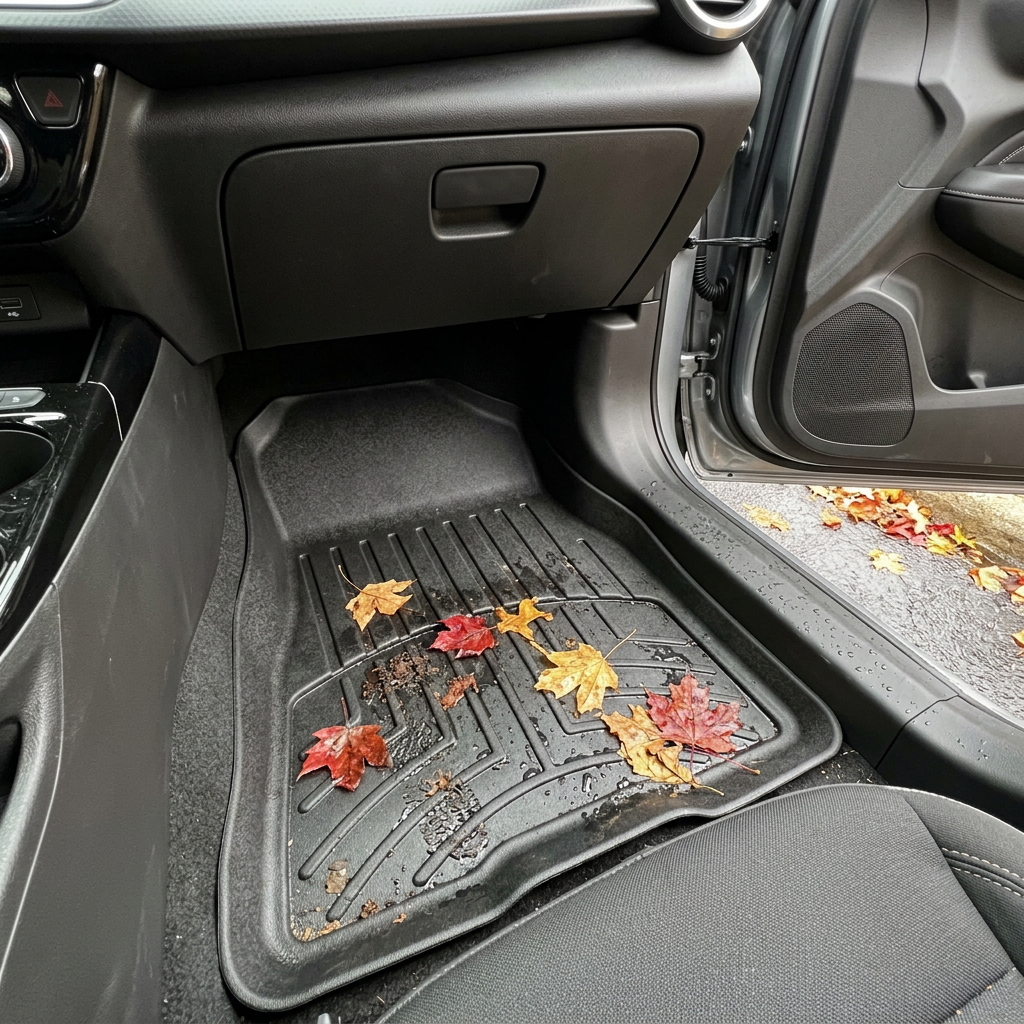 Colorful autumn leaves and dirt scattered on a black rubber floor mat inside the passenger side of a car. (Representative image for illustration purposes only. Actual vehicle may vary based on trim and configuration.)