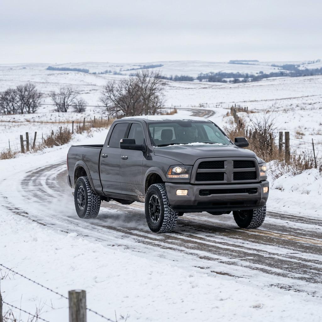 A dark grey pickup truck driving on a snowy, icy rural road through rolling winter hills. (Representative image for illustration purposes only. Actual vehicle may vary based on trim and configuration.)