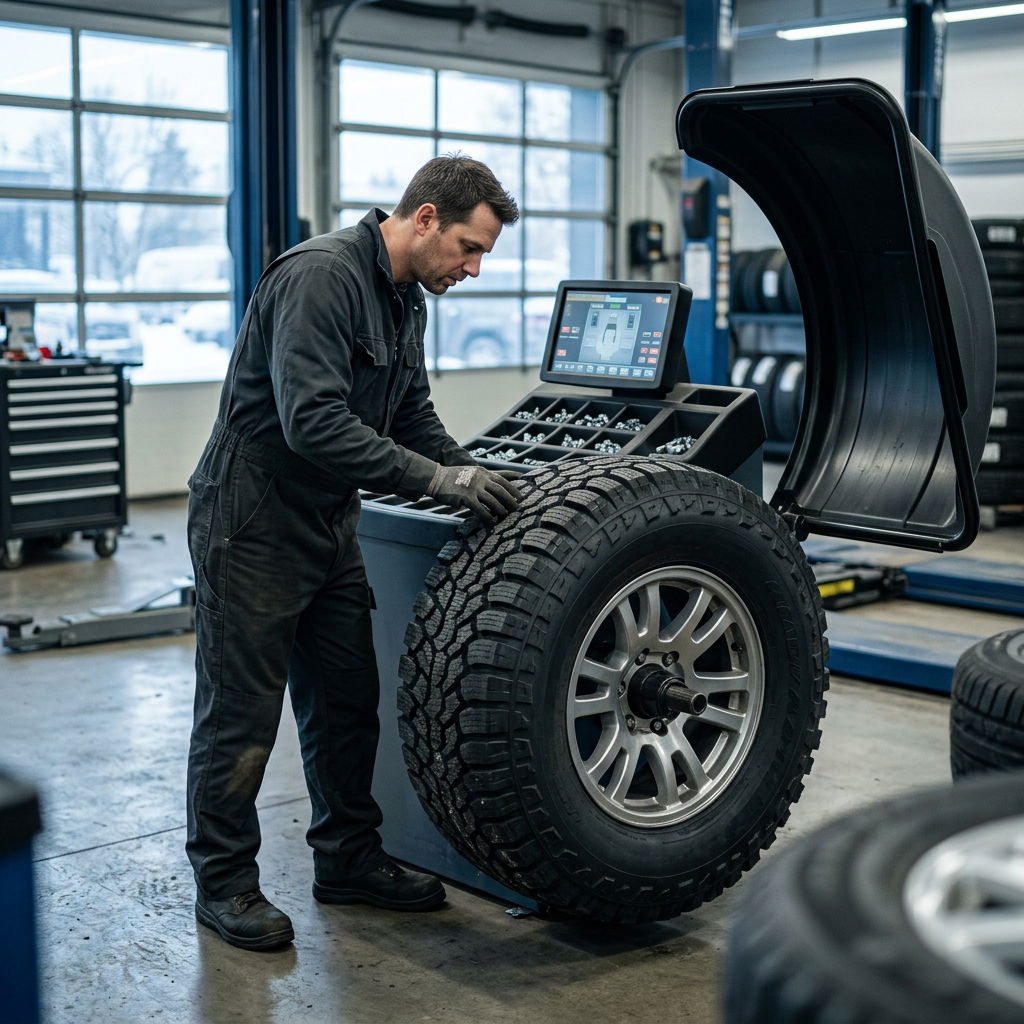 Mechanic in dark coveralls operating a wheel balancer machine with a large off-road tire mounted in an auto shop. (Representative image for illustration purposes only. Actual vehicle may vary based on trim and configuration.)